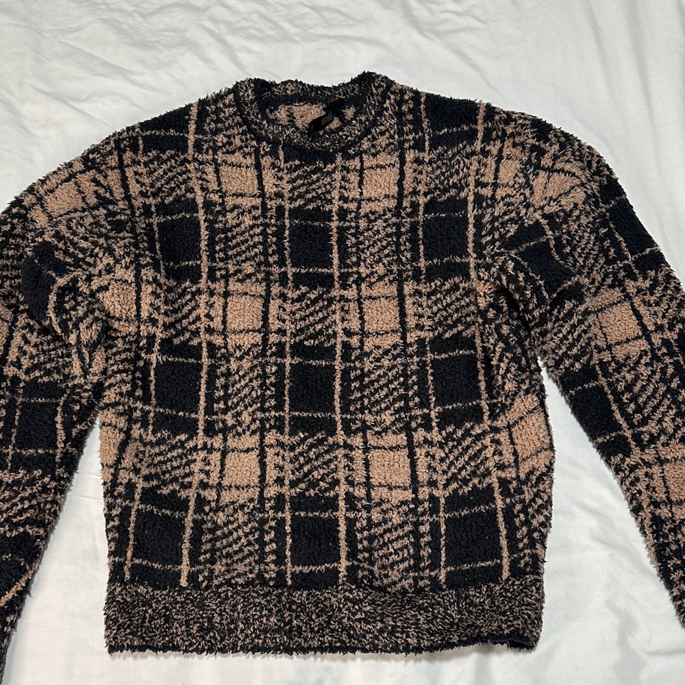 SKIMS Black and Tan Plaid Crewneck Sweater